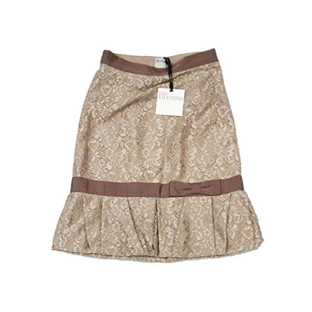 RED  VALENTINO Bow Tie LACE Desert Tan FLORAL Print Bubble HEM SKIRT (38 )